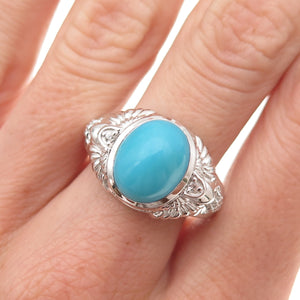 925 Sterling Silver Real Sleeping Beauty Turquoise & White Topaz Ring Size 8