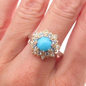 Chuck Clemency Sterling 2-Tone Real Turquoise Blue & White Topaz Ring Size 8.25