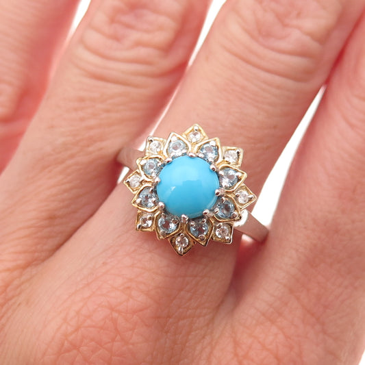 Chuck Clemency Sterling 2-Tone Real Turquoise Blue & White Topaz Ring Size 8.25