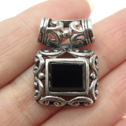 925 Sterling Silver Vintage Real Black Onyx Ornate Slide Oxidized Pendant