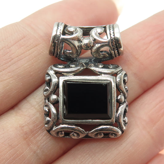 925 Sterling Silver Vintage Real Black Onyx Ornate Slide Oxidized Pendant