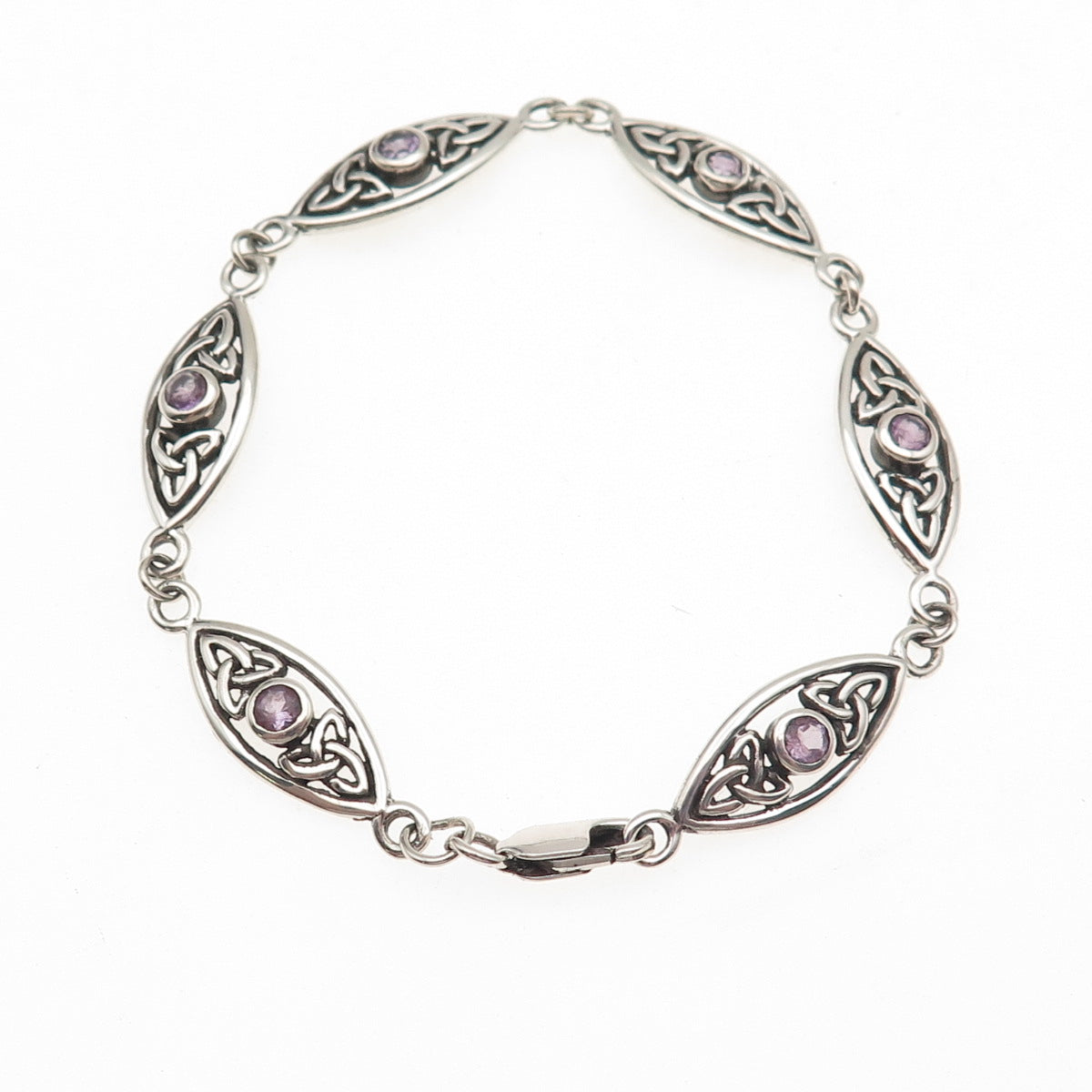 Peter Stone Sterling Silver Vintage Real Amethyst Celtic Trinity Bracelet 6.25"
