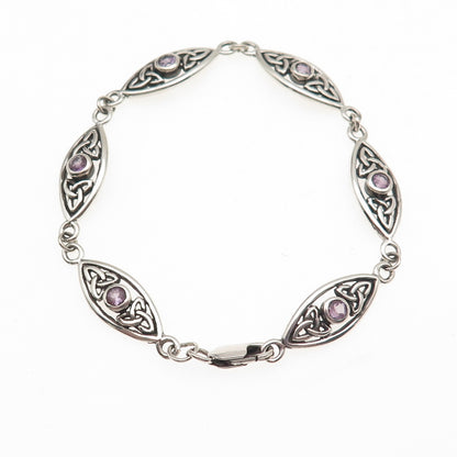 Peter Stone Sterling Silver Vintage Real Amethyst Celtic Trinity Bracelet 6.25"