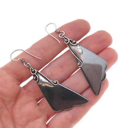 Old Pawn Sterling Silver Vintage Southwestern Hematite Floral Dangle Earrings