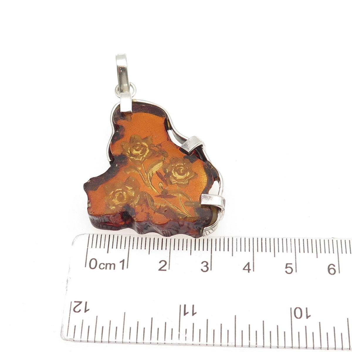 925 Sterling Silver Vintage Real Amber Carved Rose Flower Pendant