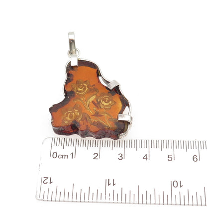 925 Sterling Silver Vintage Real Amber Carved Rose Flower Pendant