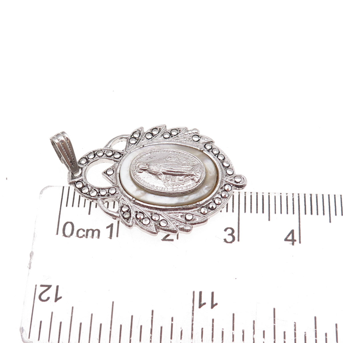 925 Sterling Silver Antique Art Deco Real MOP & Marcasite St. Mary Charm Pendant