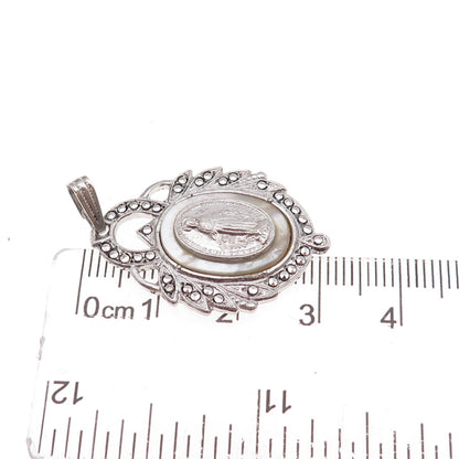 925 Sterling Silver Antique Art Deco Real MOP & Marcasite St. Mary Charm Pendant