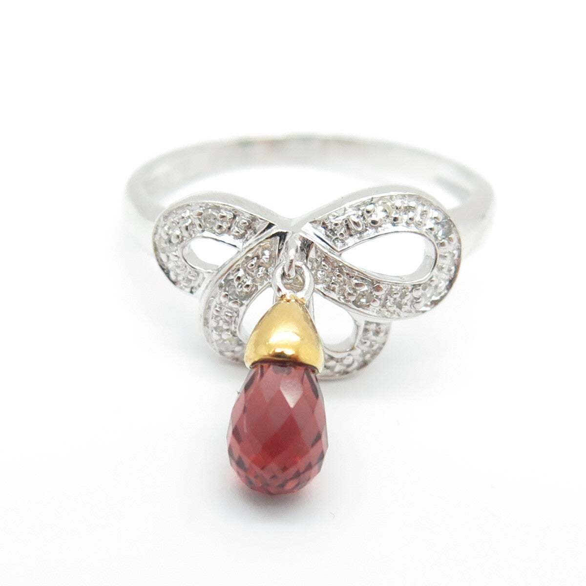 925 Sterling Silver 2-Tone Real Round-Cut Diamond Red Garnet Bow Ring Size 8.25