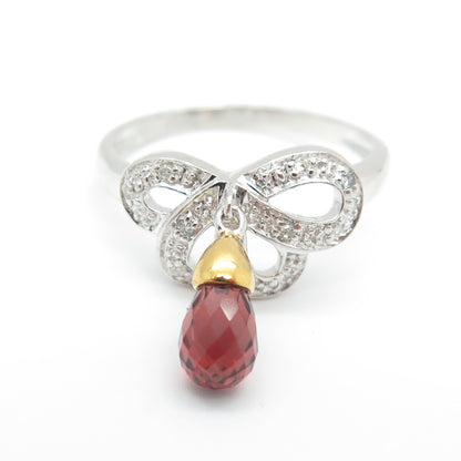 925 Sterling Silver 2-Tone Real Round-Cut Diamond Red Garnet Bow Ring Size 8.25