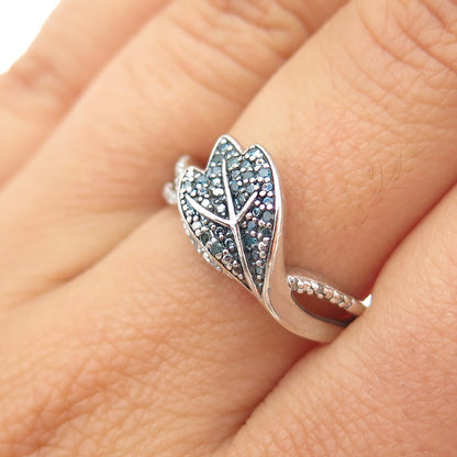 925 Sterling Silver Real Round-Cut Blue & White Diamond Floral Leaf Ring Size 7