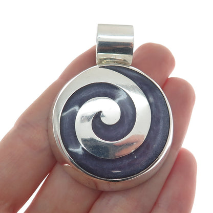 925 Sterling Silver Vintage Mexico Enamel Spiral Modernist Pendant