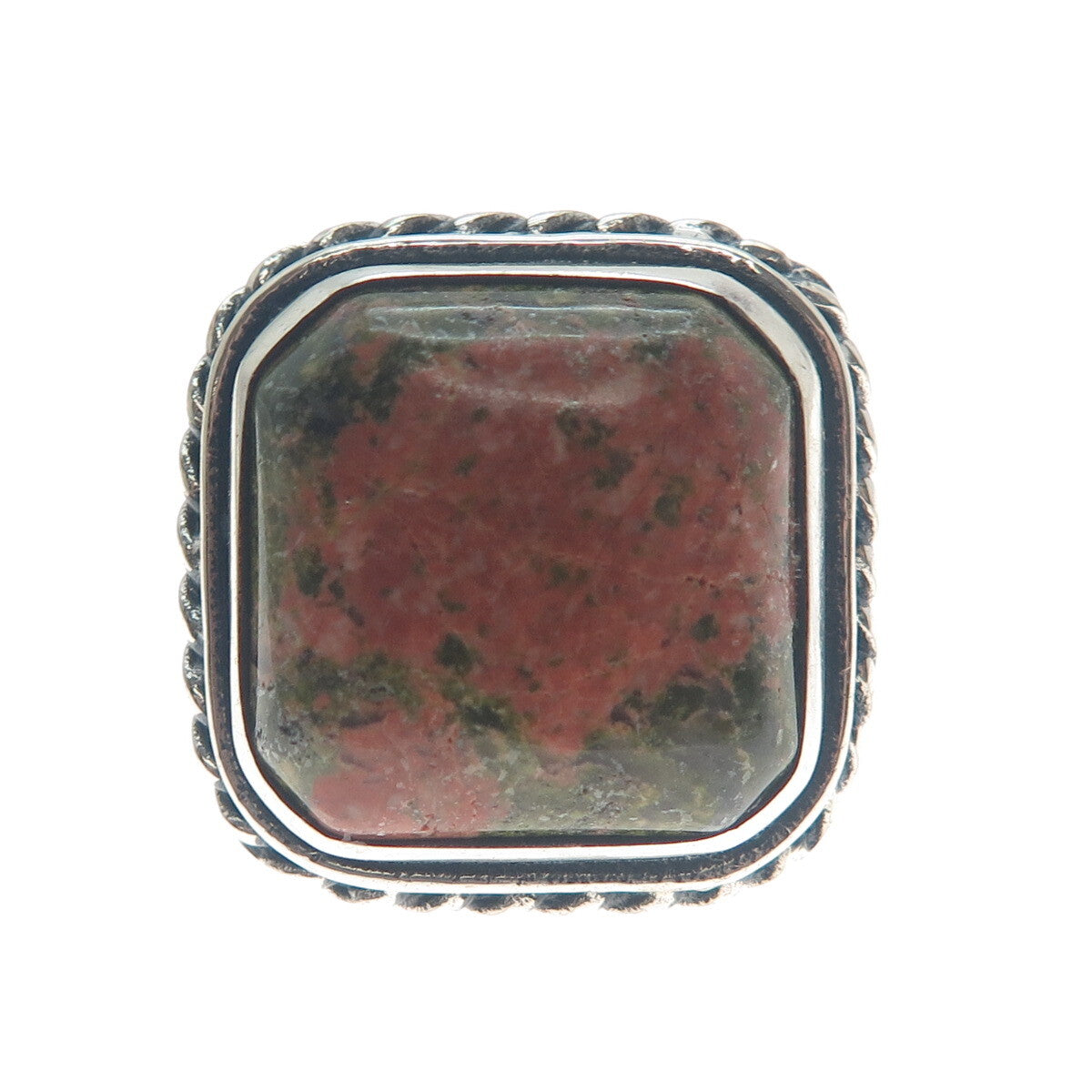 925 Sterling Silver Vintage Real Cushion-Cut Unakite Roped Bezel Ring Size 7.75