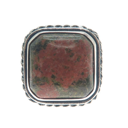 925 Sterling Silver Vintage Real Cushion-Cut Unakite Roped Bezel Ring Size 7.75