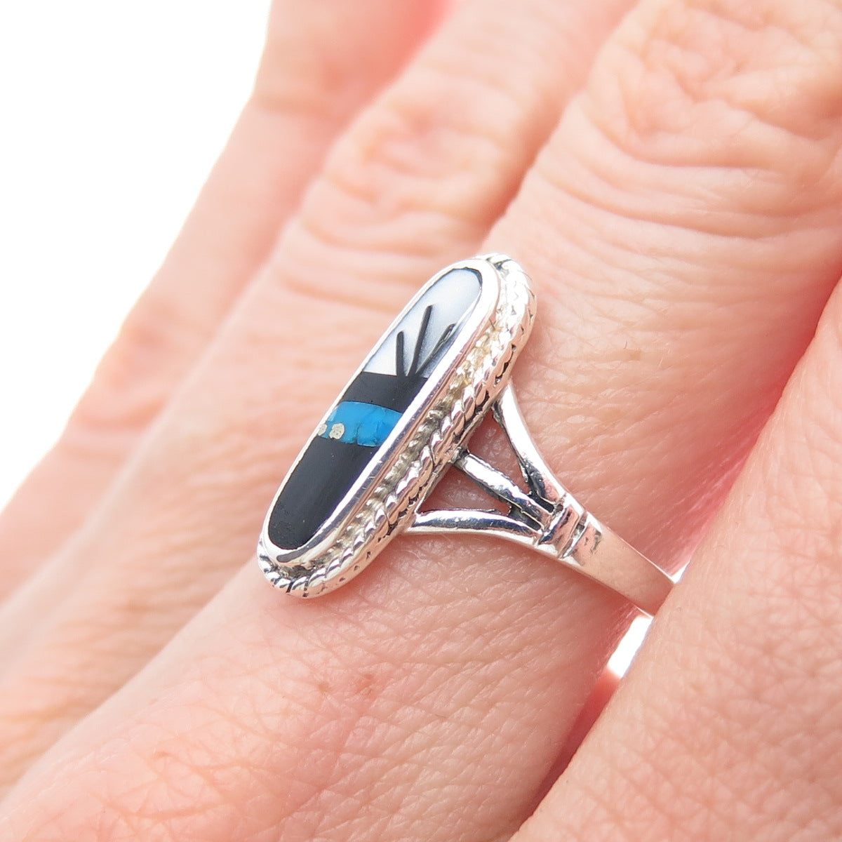 925 Sterling Silver Vintage Southwestern Turquoise Black Onyx MOP Ring Size 6.75