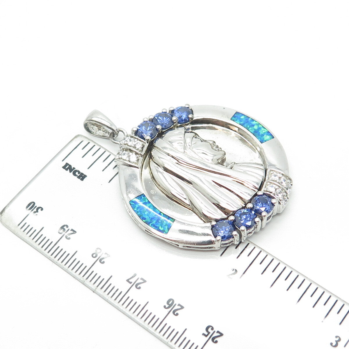 925 Sterling Silver Lab-Opal Blue & White C Z Catholic Lourdes Religious Pendant