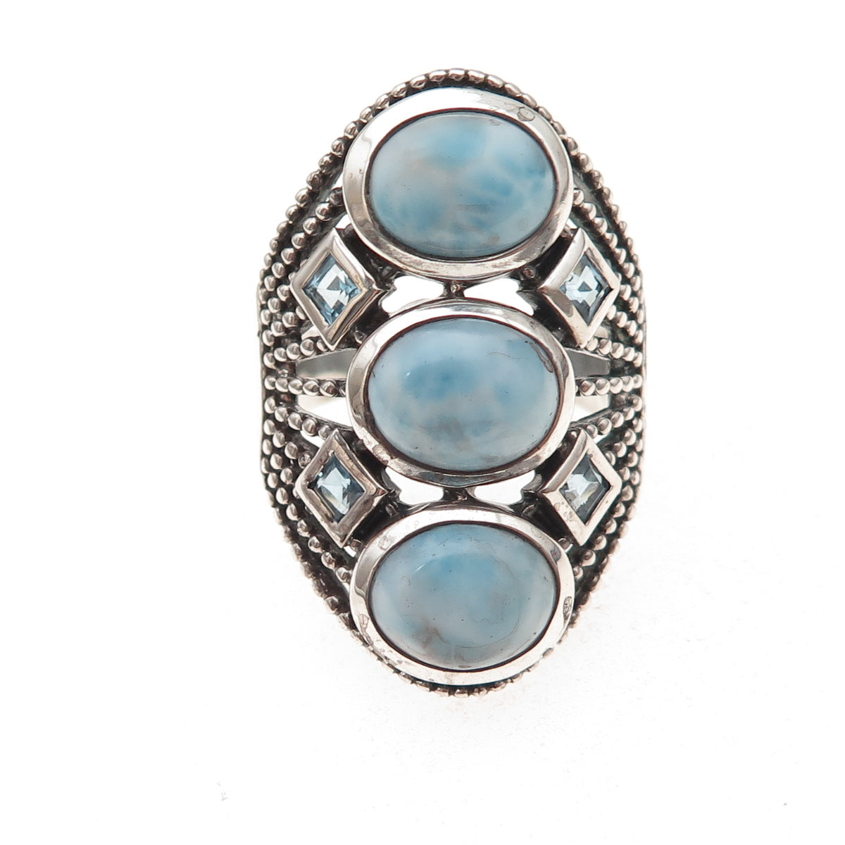 925 Sterling Silver Vintage Real Larimar & Blue Topaz Oxidized Ring Size 8