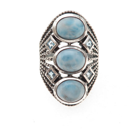 925 Sterling Silver Vintage Real Larimar & Blue Topaz Oxidized Ring Size 8