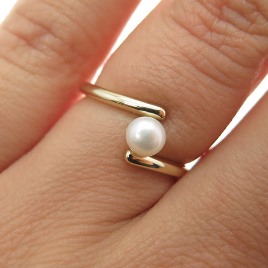 925 Sterling Silver Gold Plated Real Pearl Bypass Ring Size 5.25