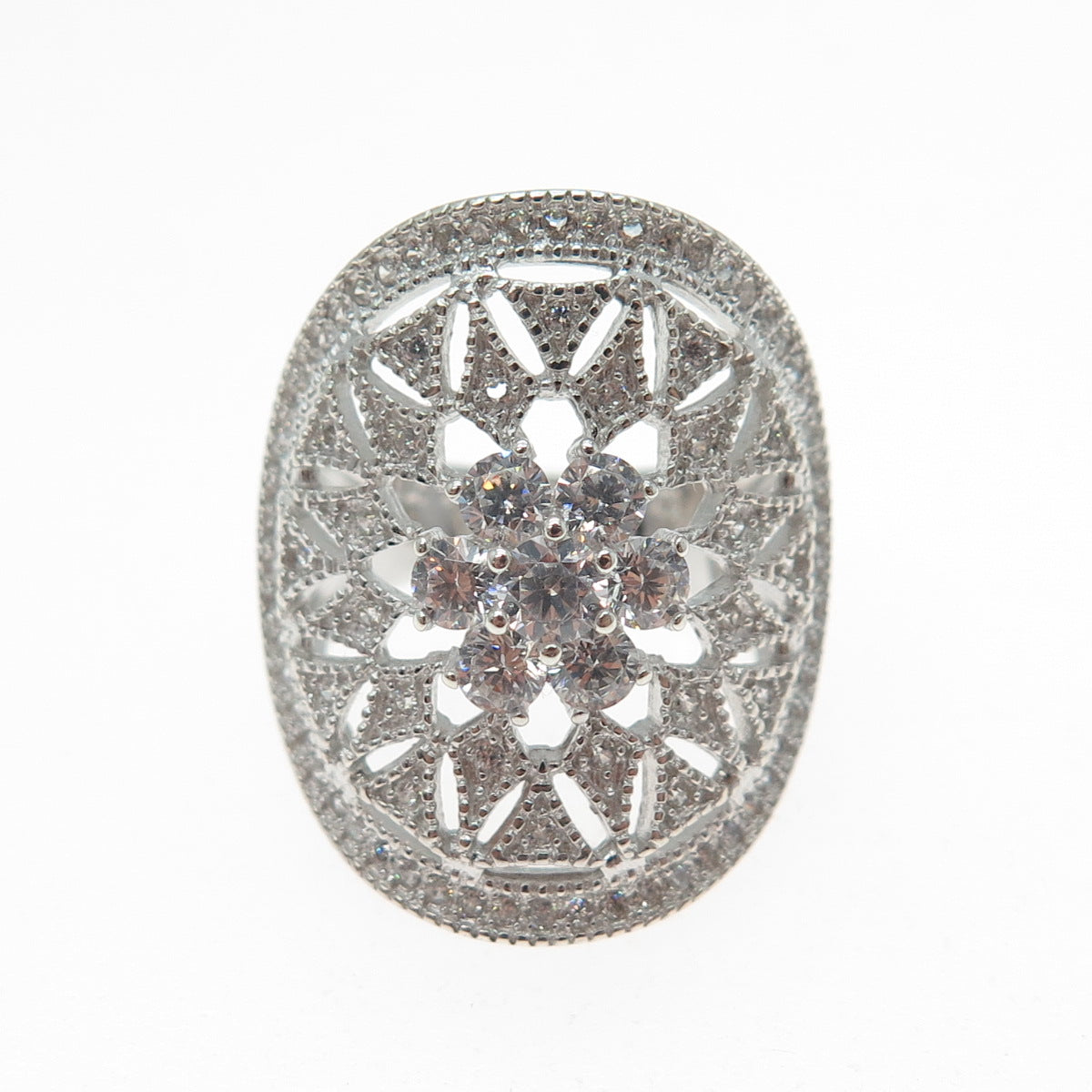 925 Sterling Silver Round-Cut C Z Sun / Flower Ring Size 5.5