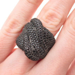 925 Sterling Silver Real Round-Cut Black Spinel Wavy Ring Size 5.25