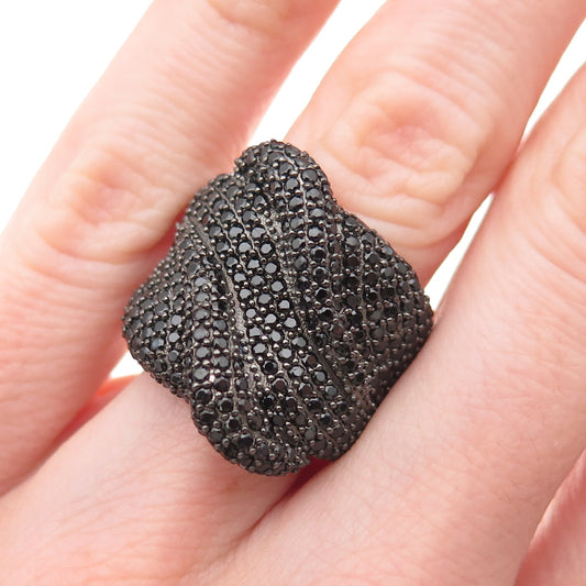 925 Sterling Silver Real Round-Cut Black Spinel Wavy Ring Size 5.25