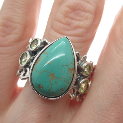 SUN WEST 925 Sterling Vintage Lone Mountain Turquoise & Peridot Ring Size 11.5