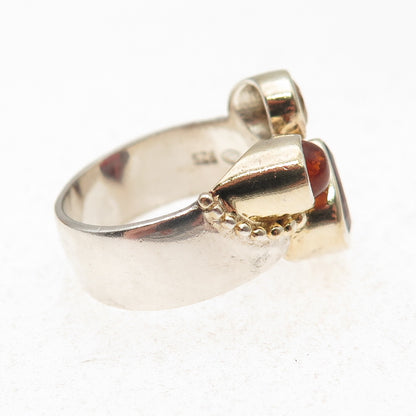 Michou Sterling Silver Vintage Real Amber Citrine & Garnet Modernist Ring Size 9