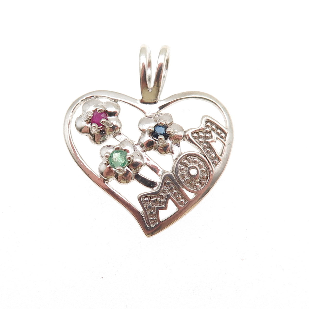 Nevada 925 Sterling Silver Real Ruby Sapphire & Emerald Mom Heart Charm Pendant