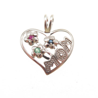 Nevada 925 Sterling Silver Real Ruby Sapphire & Emerald Mom Heart Charm Pendant