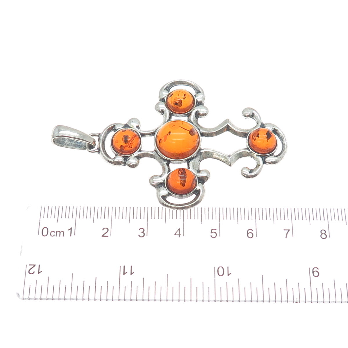 925 Sterling Silver Vintage Real Amber Modernist Cross Pendant