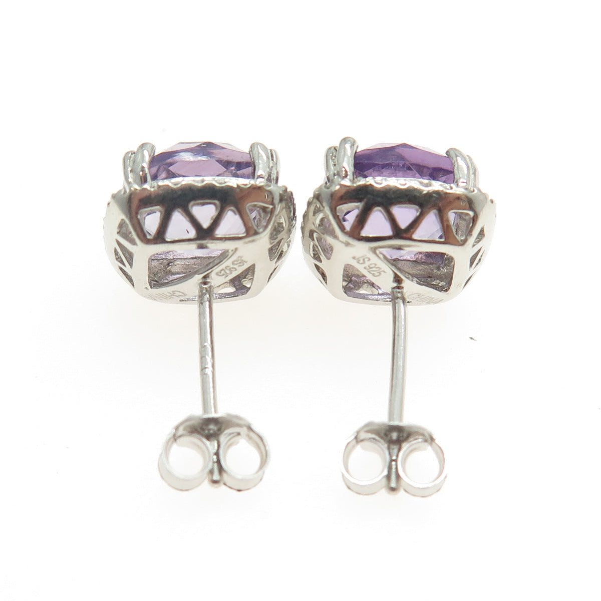 925 Sterling Silver Real Amethyst & C Z Cushion Stud Earrings