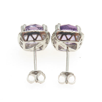 925 Sterling Silver Real Amethyst & C Z Cushion Stud Earrings