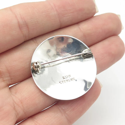 925 Sterling Silver Vintage Siam Niello Boat / Ship Round Pin Brooch