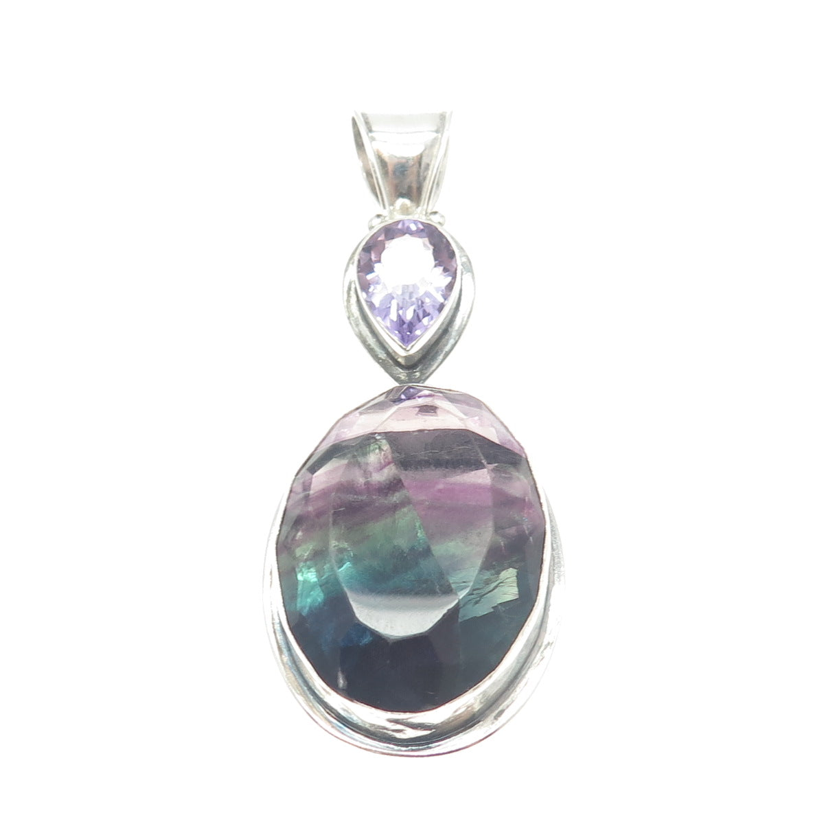 925 Sterling Silver Vintage Pear-Cut Amethyst & Oval-Cut Fluorite Large Pendant