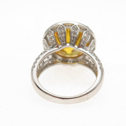 925 Sterling Silver Round-Cut Canary & White C Z Ring Size 7