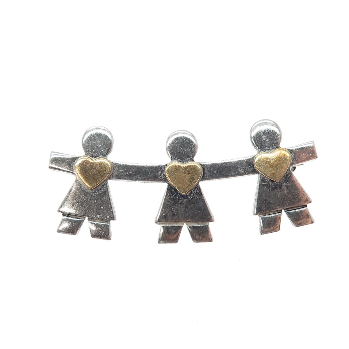 NALDO 925 Sterling Silver 2-Tone Vintage Children Holding Hands Heart Pin Brooch