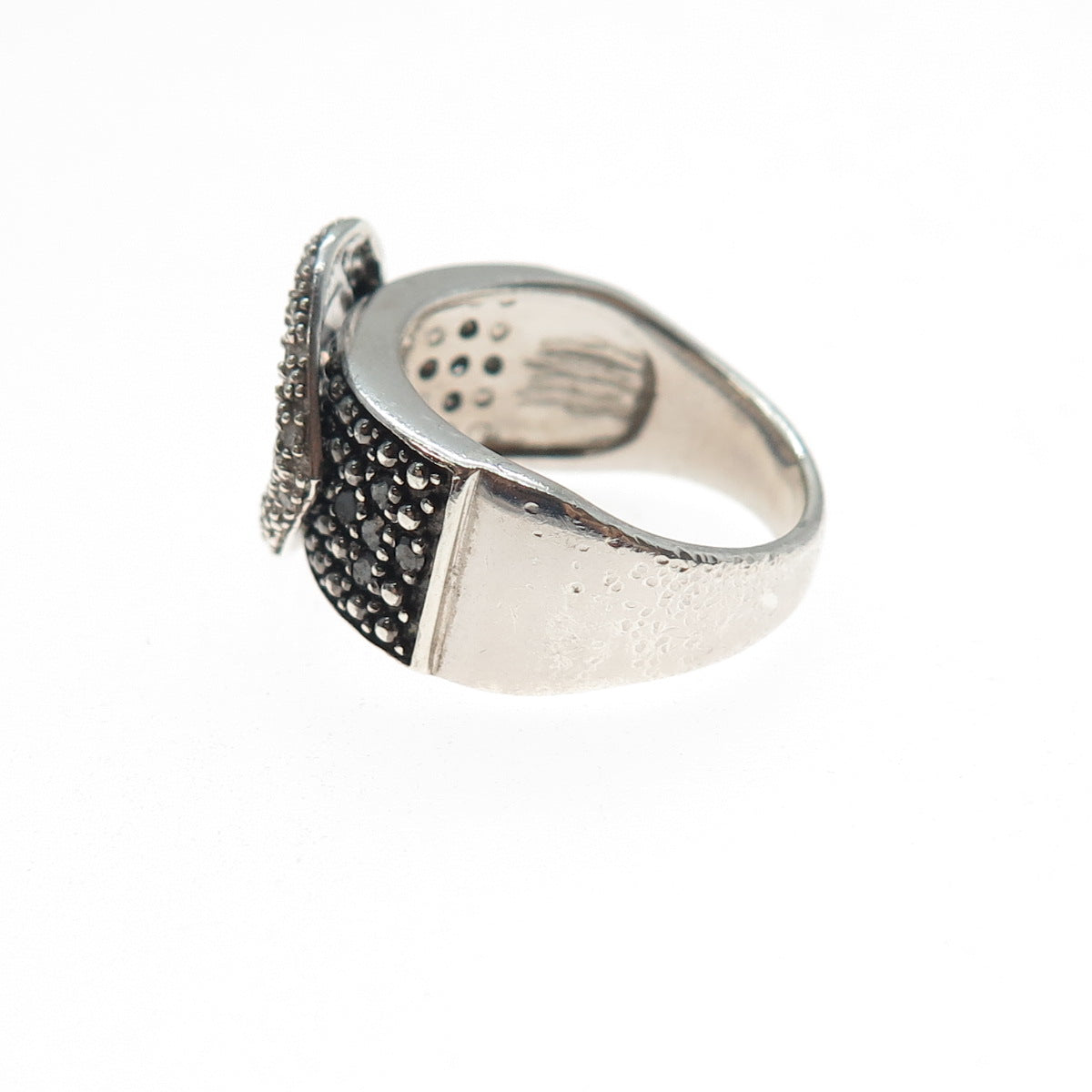 J. STELLA 925 Sterling Silver Real Black & White Diamond Buckle Ring Size 6.25