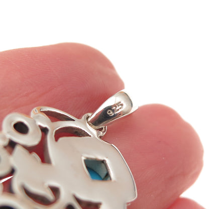 925 Sterling Silver Vintage Real Turquoise Lapis Iolite Topaz & Amethyst Pendant