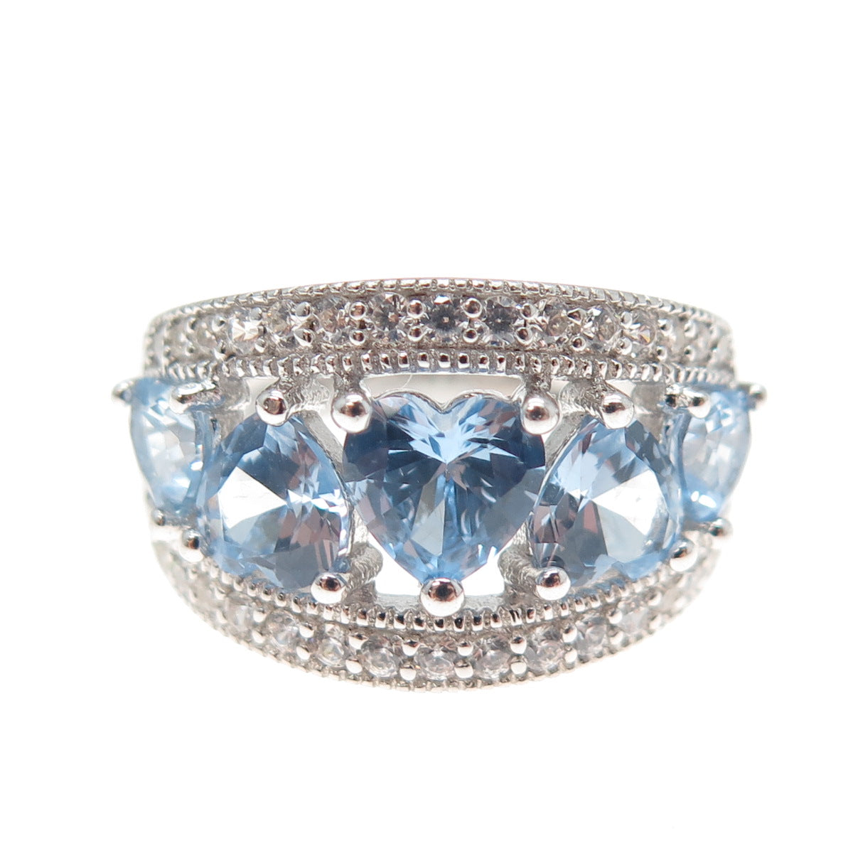 KEY STAR 925 Sterling Silver Heart & Round-Cut Blue White C Z Ring Size 6.25
