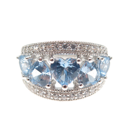 KEY STAR 925 Sterling Silver Heart & Round-Cut Blue White C Z Ring Size 6.25