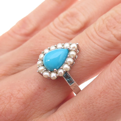 925 Sterling Silver Real Sleeping Beauty Turquoise Pearl Blue Topaz Ring Size 8