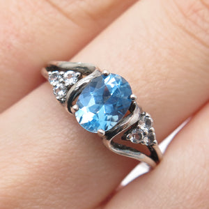 SUN 925 Sterling Silver Vintage Real Blue & White Topaz Oxidized Ring Size 7.75