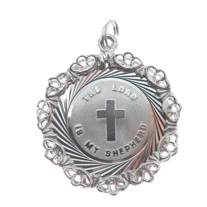 925 Sterling Silver Vintage The Lord Is My Shepherd Ornate Religious Pendant