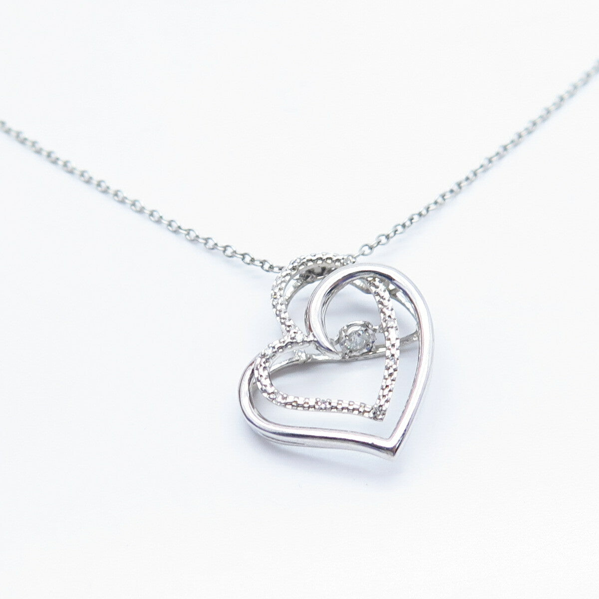 925 Sterling Silver Italy Real Diamond Double Heart Rolo Chain Necklace 19"