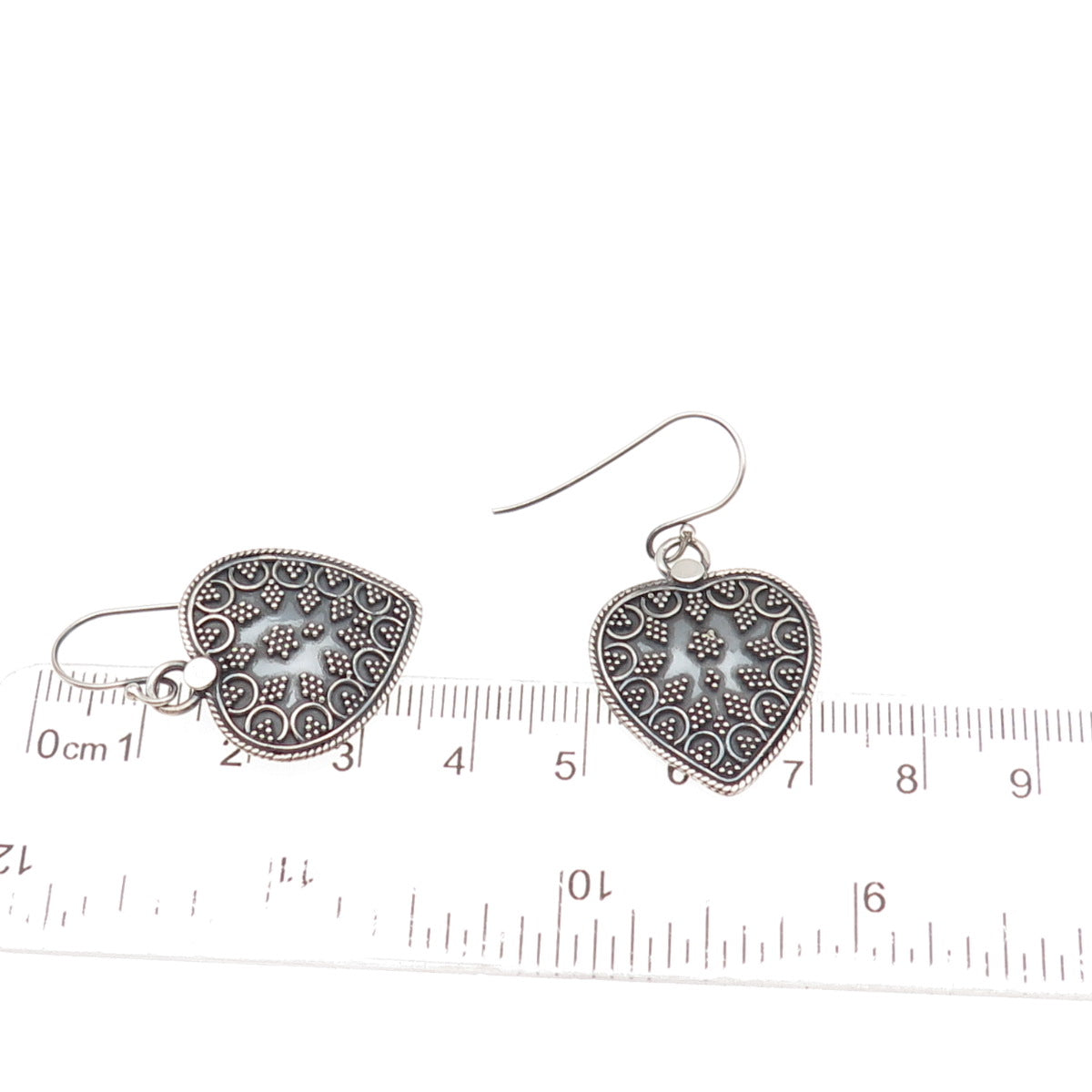 925 Sterling Silver Vintage Heart Granulated Oxidized Dangle Earrings