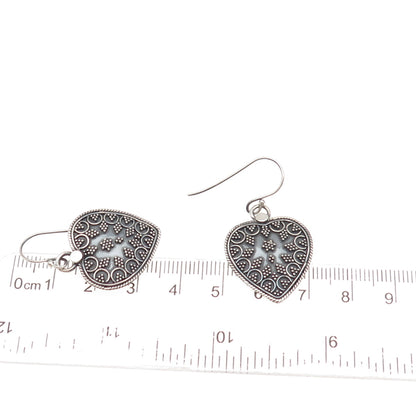 925 Sterling Silver Vintage Heart Granulated Oxidized Dangle Earrings
