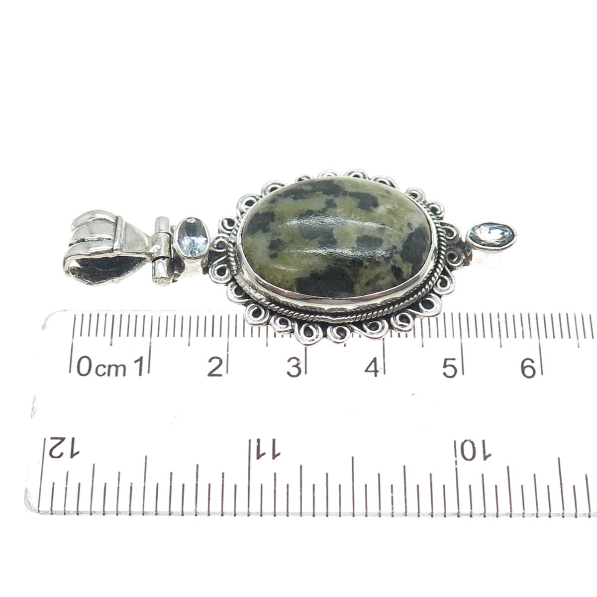 925 Sterling Silver Vintage Real Serpentine & Blue Topaz Charm Pendant