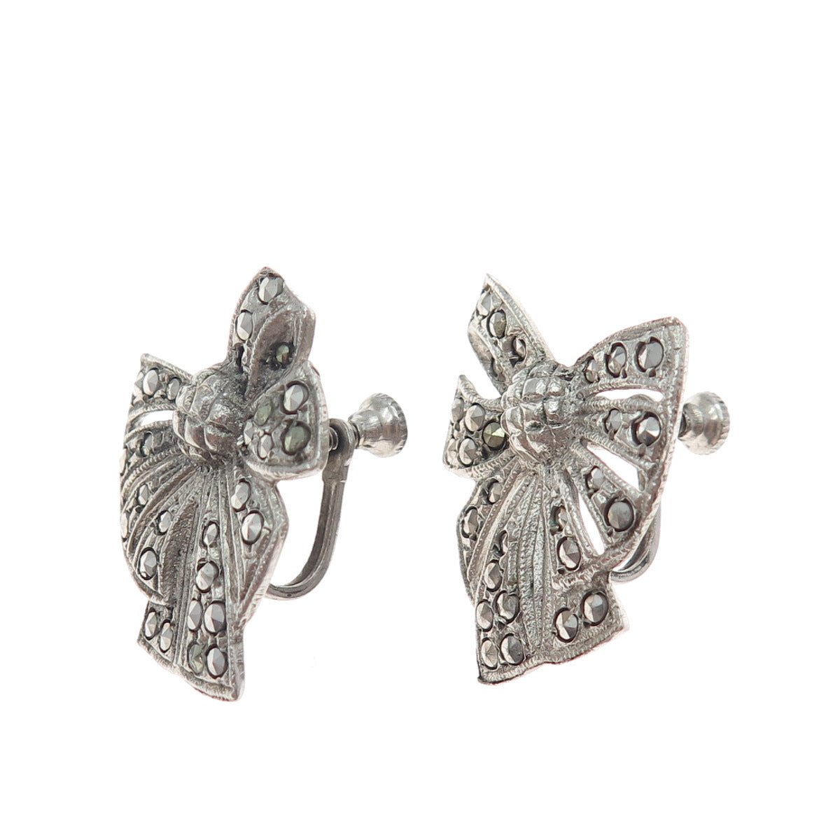 925 Sterling Silver Antique Art Deco Real Marcasite Bow Screw Back Earrings