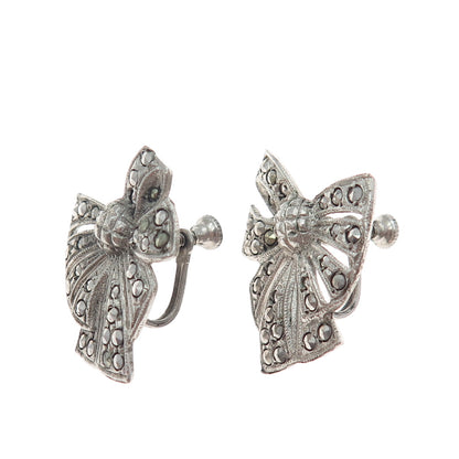 925 Sterling Silver Antique Art Deco Real Marcasite Bow Screw Back Earrings